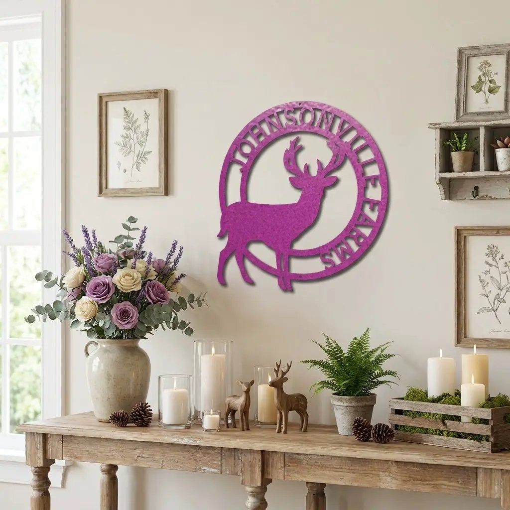 Personalized Deer Family Name Metal Sign – Custom Last Name Circle Wall Art – Rustic Farmhouse Home Decor Gift