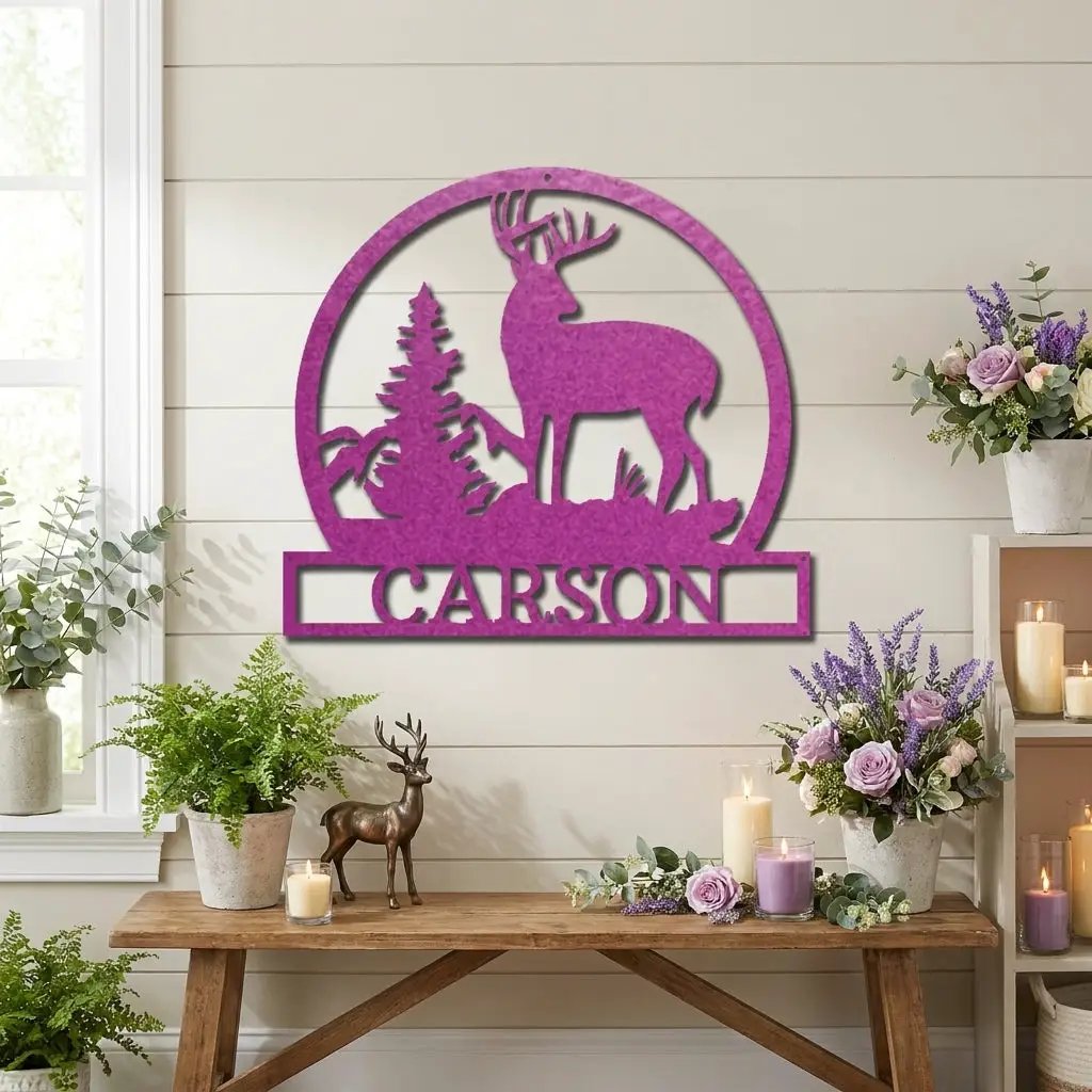Personalized Deer Scene Metal Sign – Custom Last Name Wall Art – Rustic Cabin Forest Decor Gift
