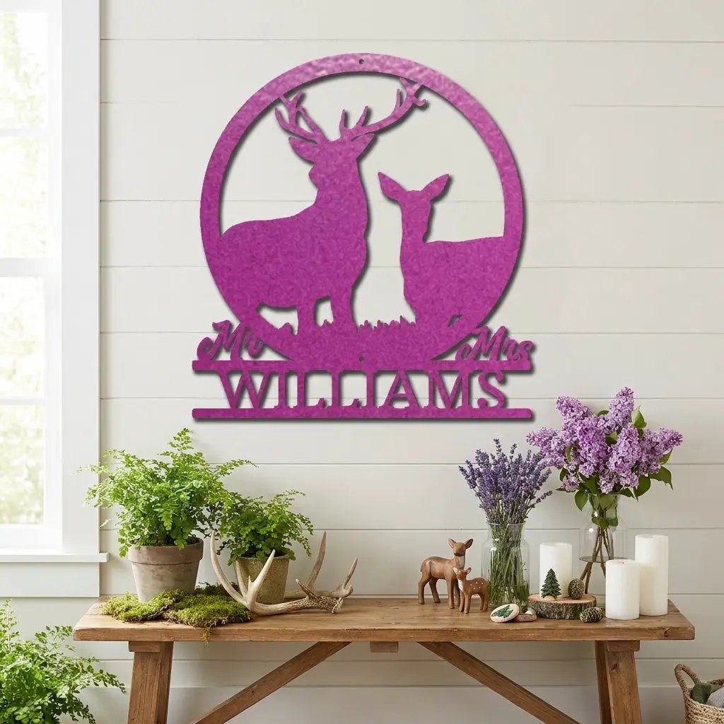 Personalized Mr & Mrs Deer Couple Metal Sign – Custom Last Name Stag & Doe Wall Art – Romantic Wedding or Anniversary Gift