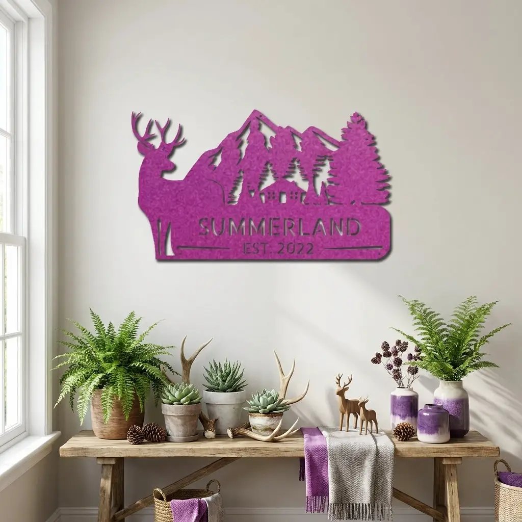 Personalized Deer Mountain Cabin Metal Sign – Custom Family Name Wilderness Wall Art – Rustic Lodge Decor with Trees & Mountains