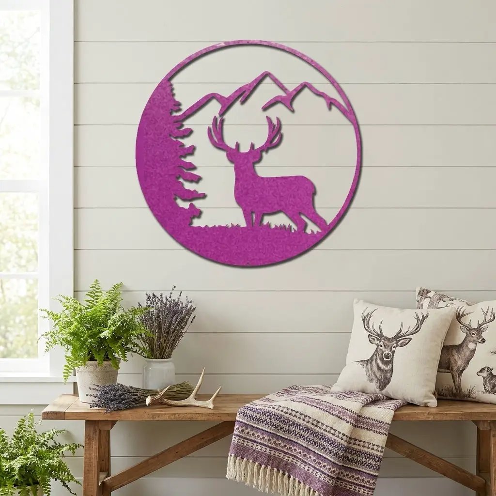 Deer Mountain Metal Wall Art – Rustic Wildlife Circle Sign – Forest & Cabin Lodge Decor – Stag Silhouette Steel Wall Hanging