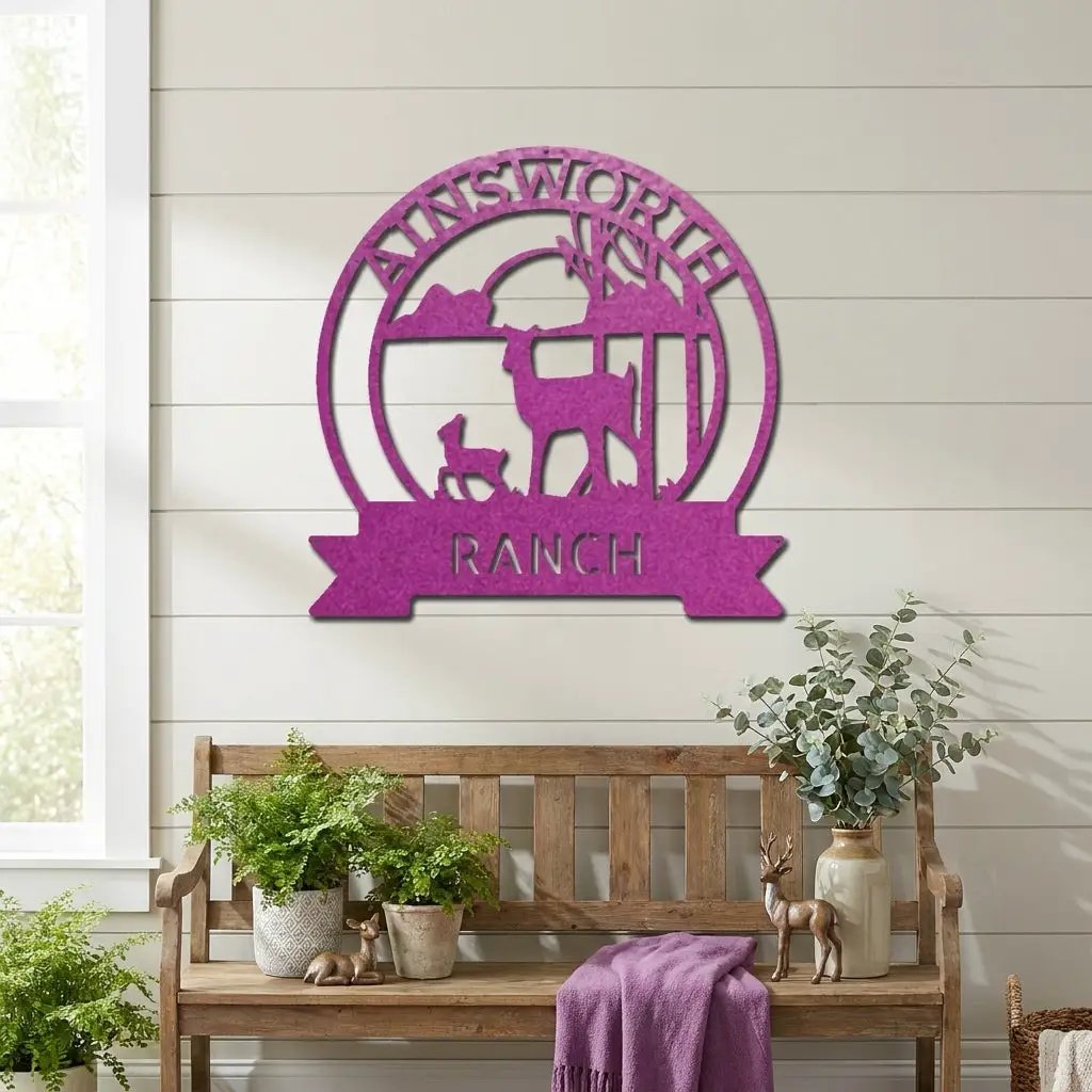 Personalized Deer Ranch Metal Sign – Doe & Fawn Sunset Wall Art – Custom Family Name & Ranch Name Sign – Rustic Farmhouse Lodge Decor