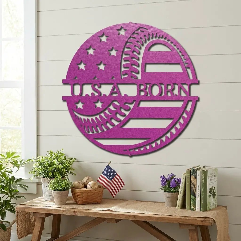 Baseball American Flag Custom Name Metal Art Wall Sign