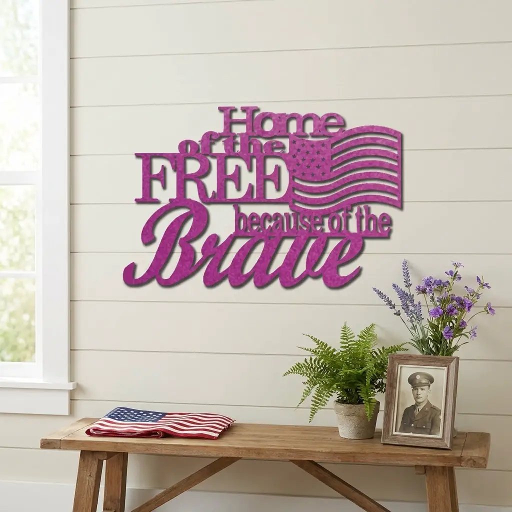 Home of the Free Because of the Brave Metal Wall Art – Patriotic American Flag Sign – Handmade Steel Indoor/Outdoor Décor