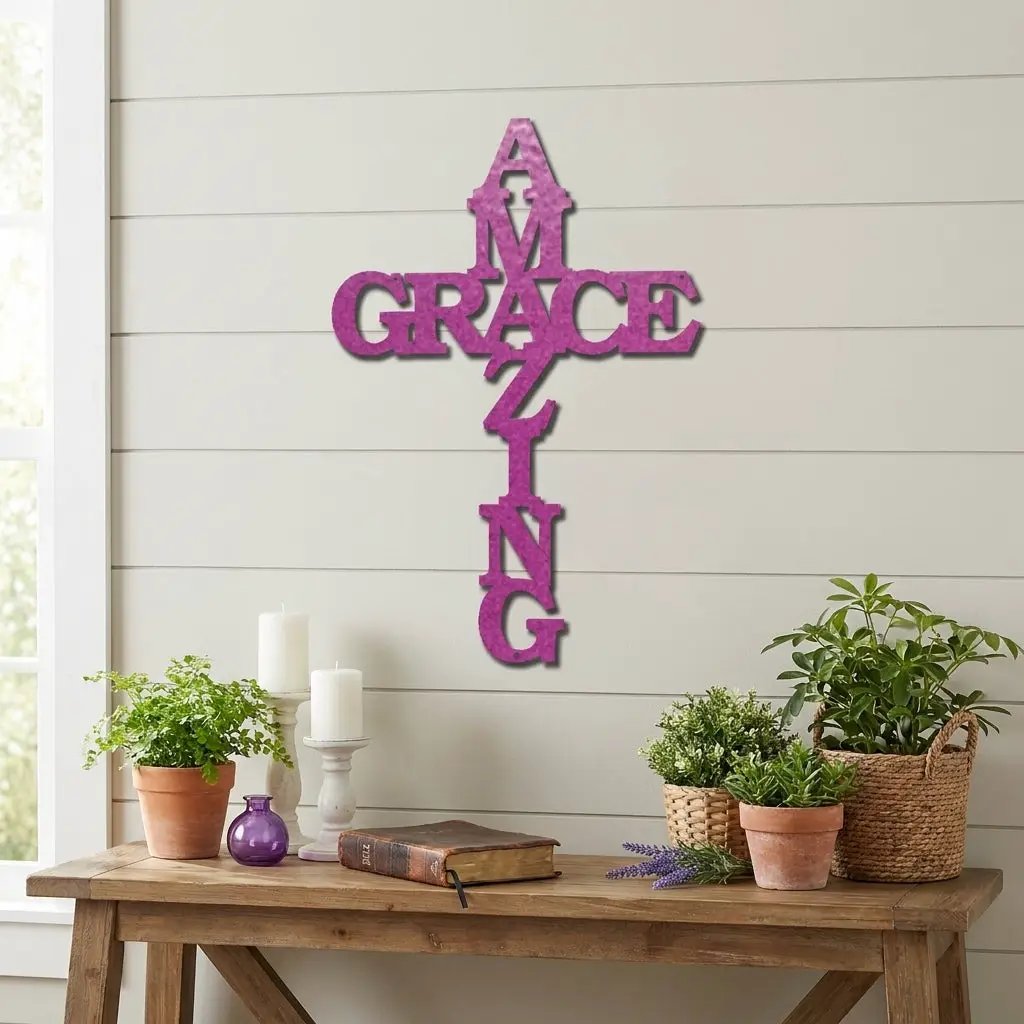 Amazing Grace Cross Steel Wall Art – Christian Metal Cross Sign – Inspirational Faith Decor – Laser Cut Religious Wall Art