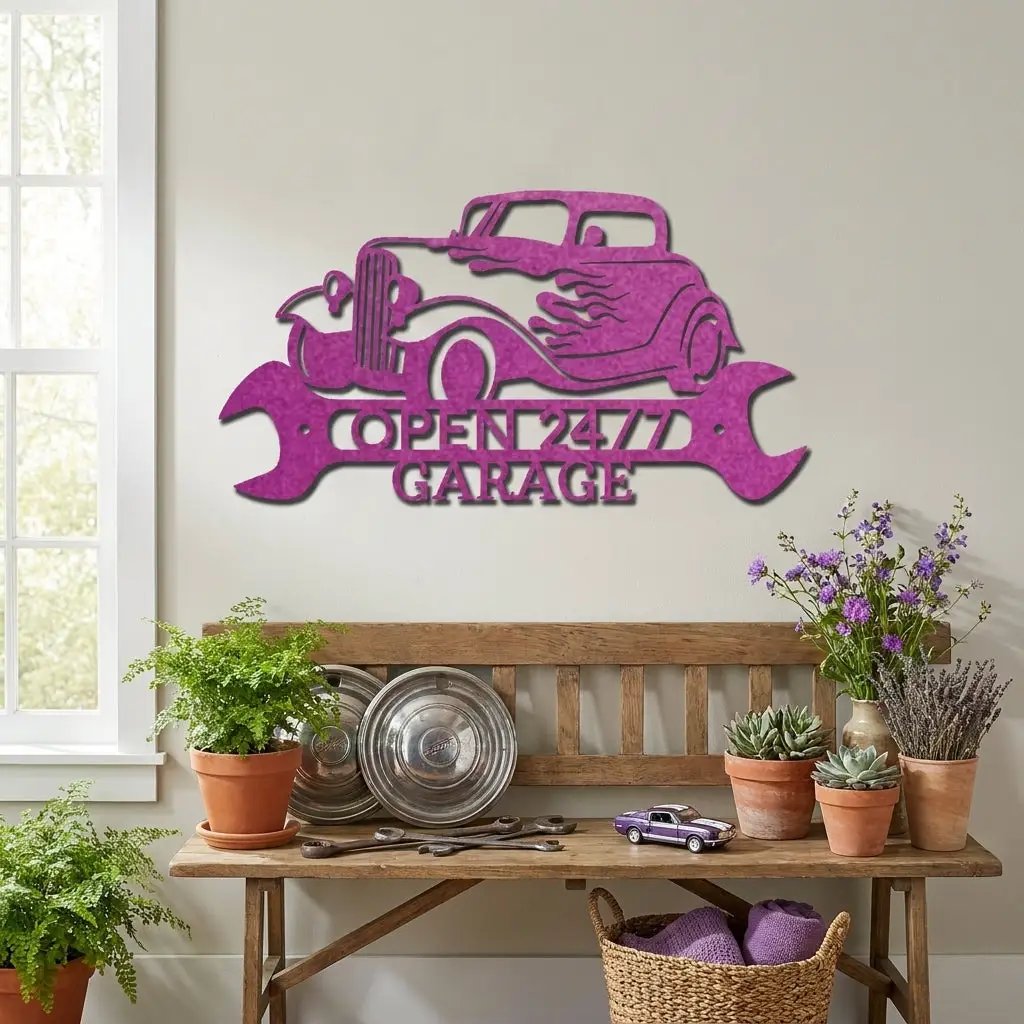 Personalized Hot Rod Metal Sign – Custom Garage Sign – Classic Car Wall Art – Gift for Dad