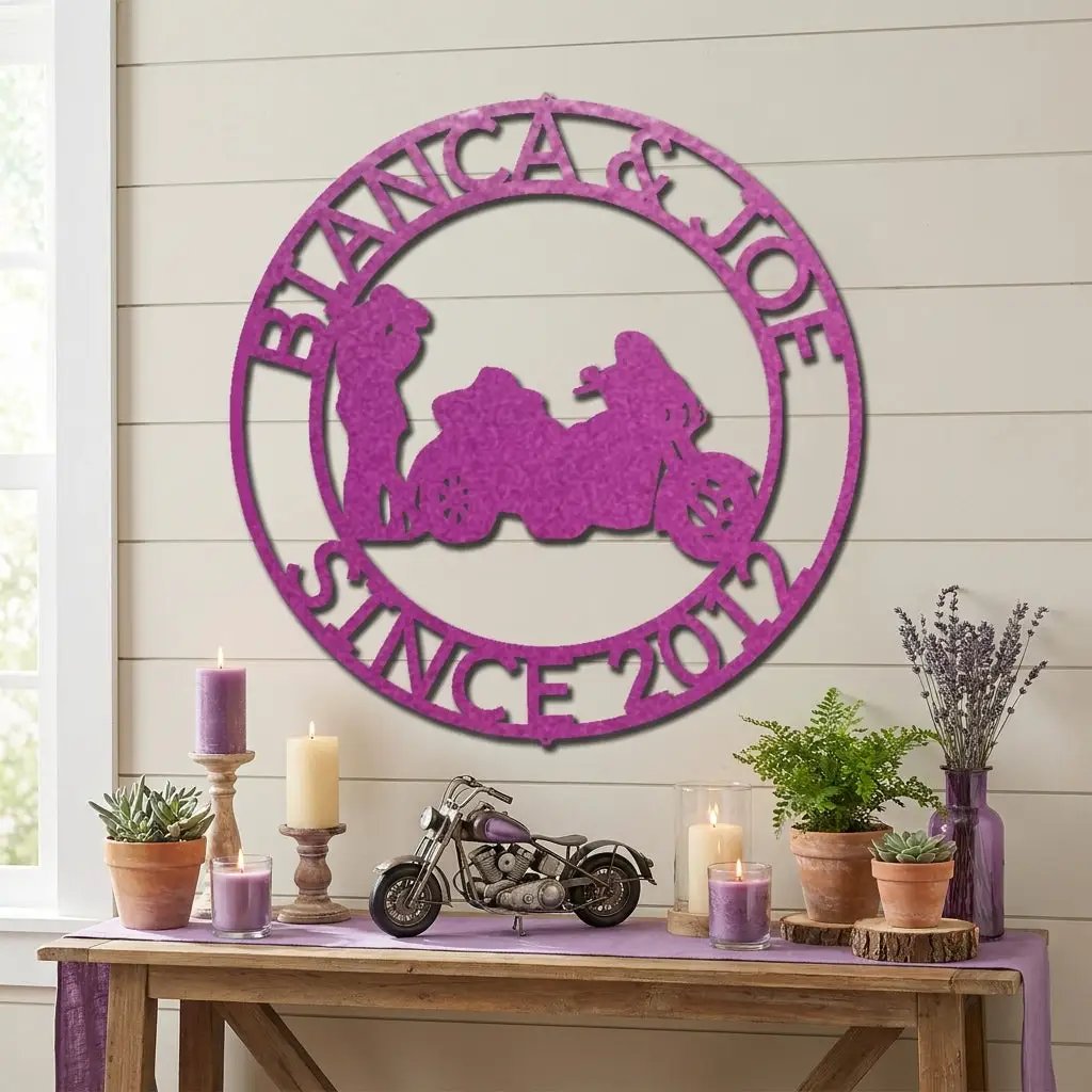 Personalized Couples Motorcycle Trike Metal Wall Art – Custom Names & Date Biker Sign – Anniversary Gift for Couples, Man Cave Garage Decor