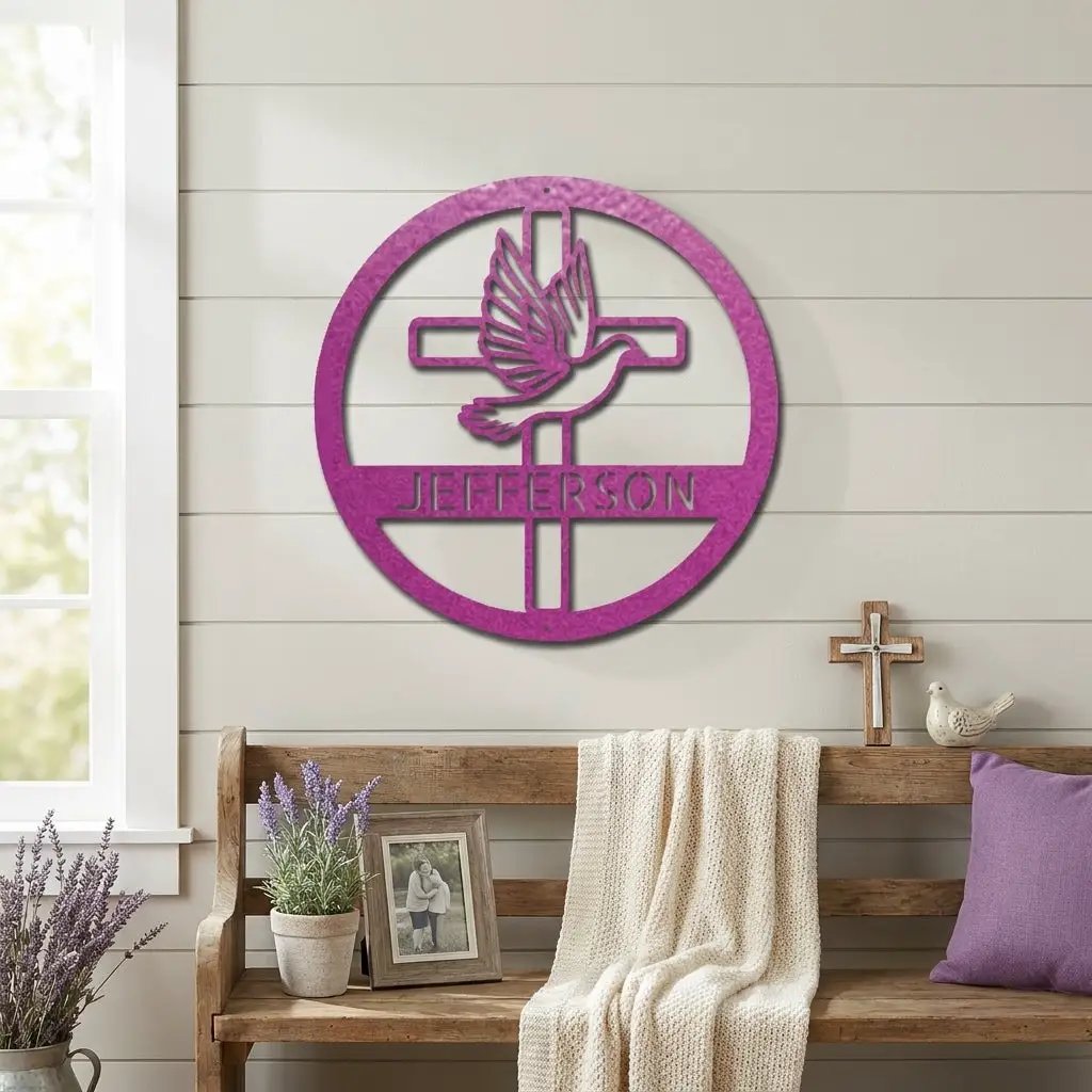 Personalized Cross & Dove Metal Wall Art – Custom Family Name Christian Steel Sign – Faith Based Farmhouse Wall Decor