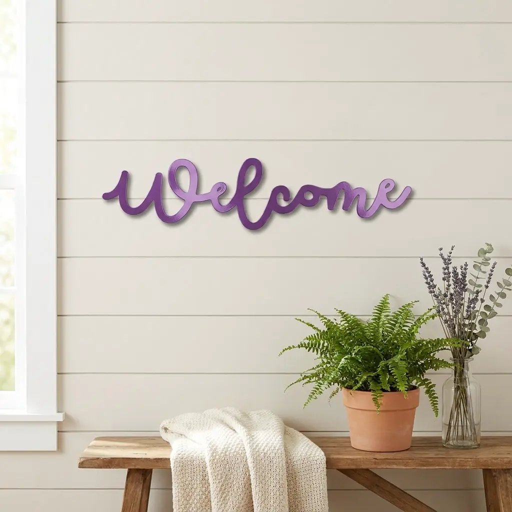 Welcome Script Metal Wall Art – Modern Farmhouse Welcome Sign – Minimalist Entryway Steel Decor for Porch, Foyer & Living Room