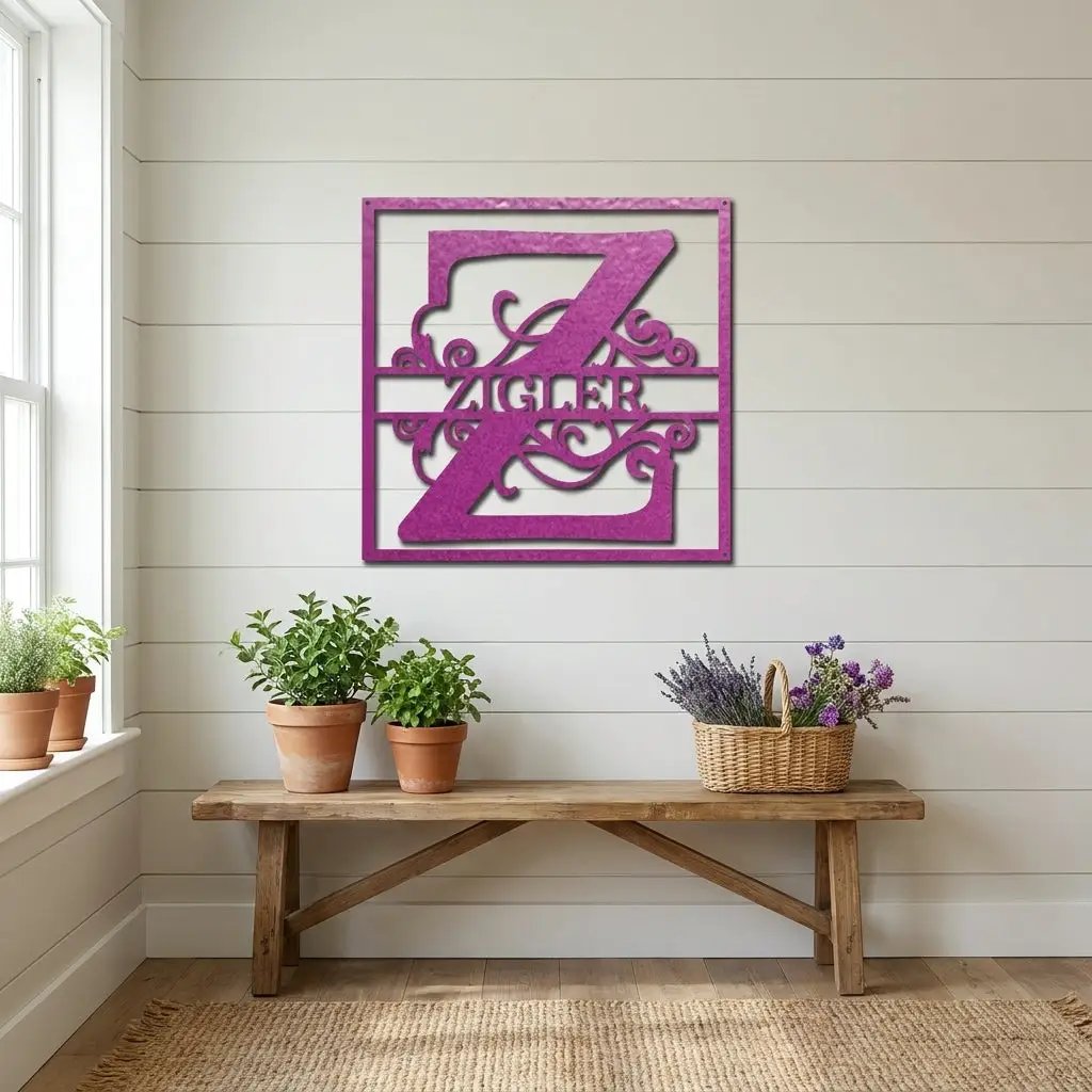 Personalized Monogram Metal Wall Art – Custom Family Name Sign – Square Metal Wall Decor – Farmhouse Last Name Steel Sign