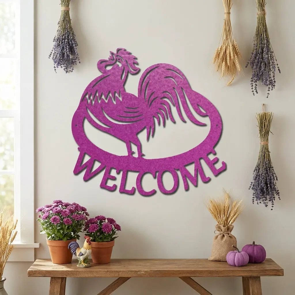 Welcome Rooster Metal Wall Art – Farmhouse Chicken Decor – Rustic Kitchen Wall Sign – Country Home Decor – Farmhouse Porch Sign