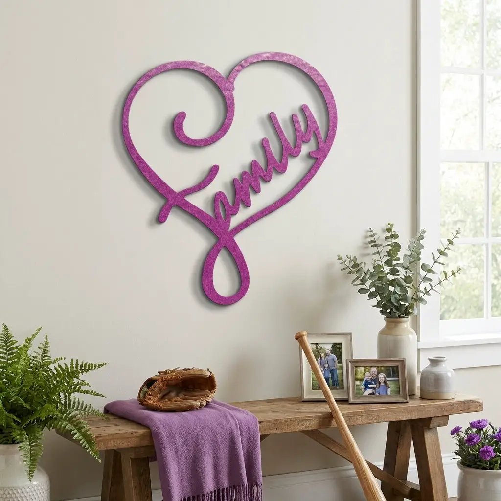 Family Name Heart Metal Wall Art Sign – Custom Steel Family Love Monogram – Laser Cut Amish Crafted Metal Home Decor
