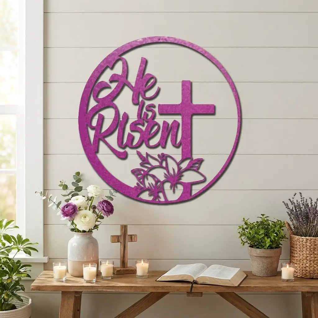 Easter Cross Metal Wall Sign – Christian Home Decor – He Is Risen