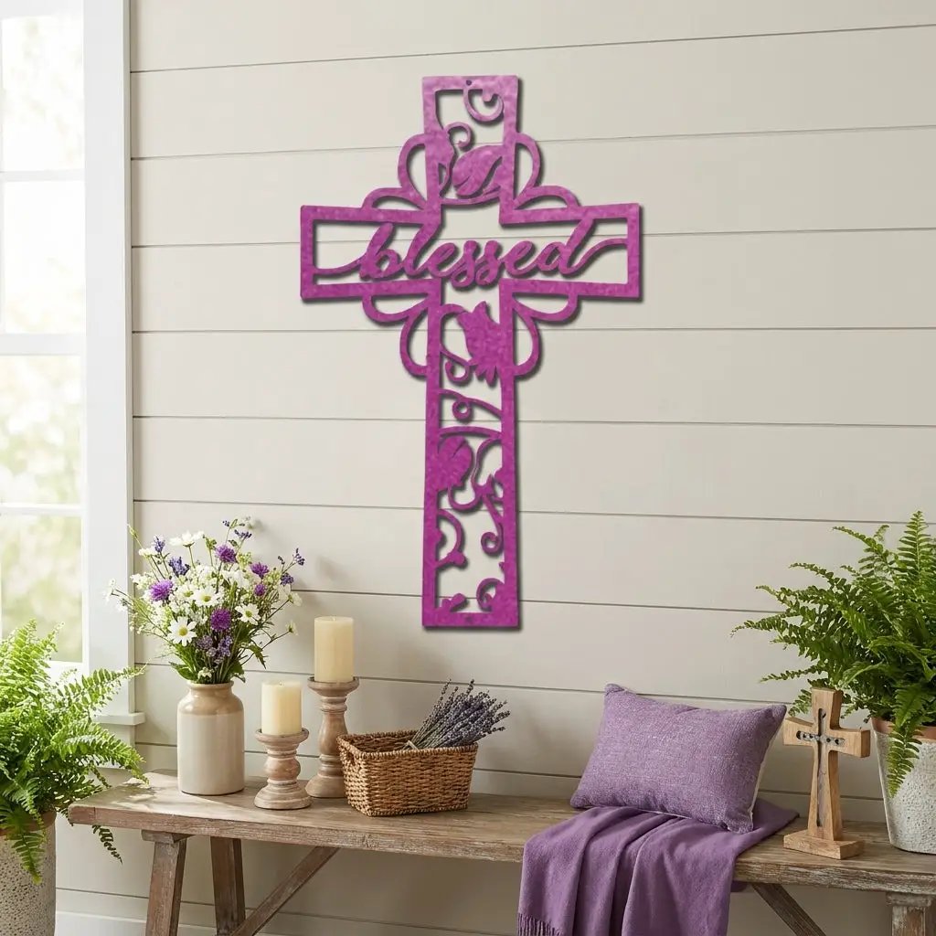 Blessed Cross Metal Wall Art | Christian Floral Cross Decor | Inspirational Faith Wall Hanging