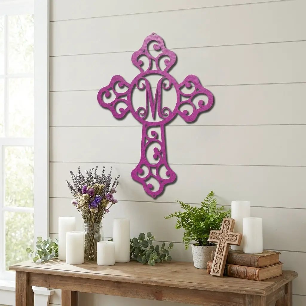Personalized Initial Cross Metal Wall Art | Custom Monogram Christian Cross Decor | Ornate Faith Wall Hanging