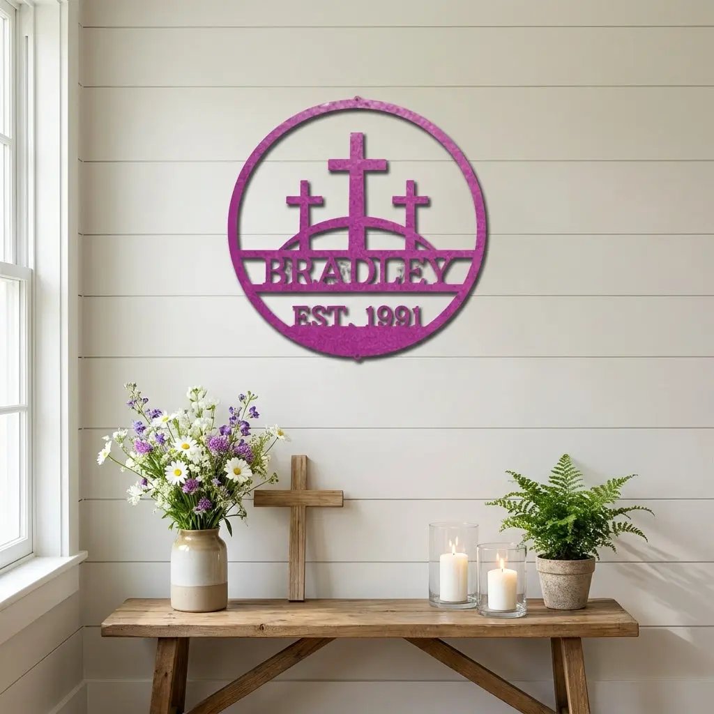Personalized Three Crosses Metal Wall Art | Christian Family Name Sign | Faith Based Farmhouse Decor