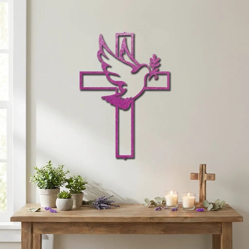 Dove Cross Metal Wall Art | Christian Holy Spirit Decor | Inspirational Religious Wall Hanging