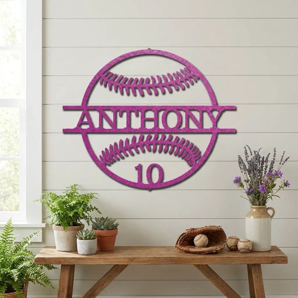 Personalized Baseball Metal Wall Art | Custom Name and Number Baseball Sign | Player Room Decor