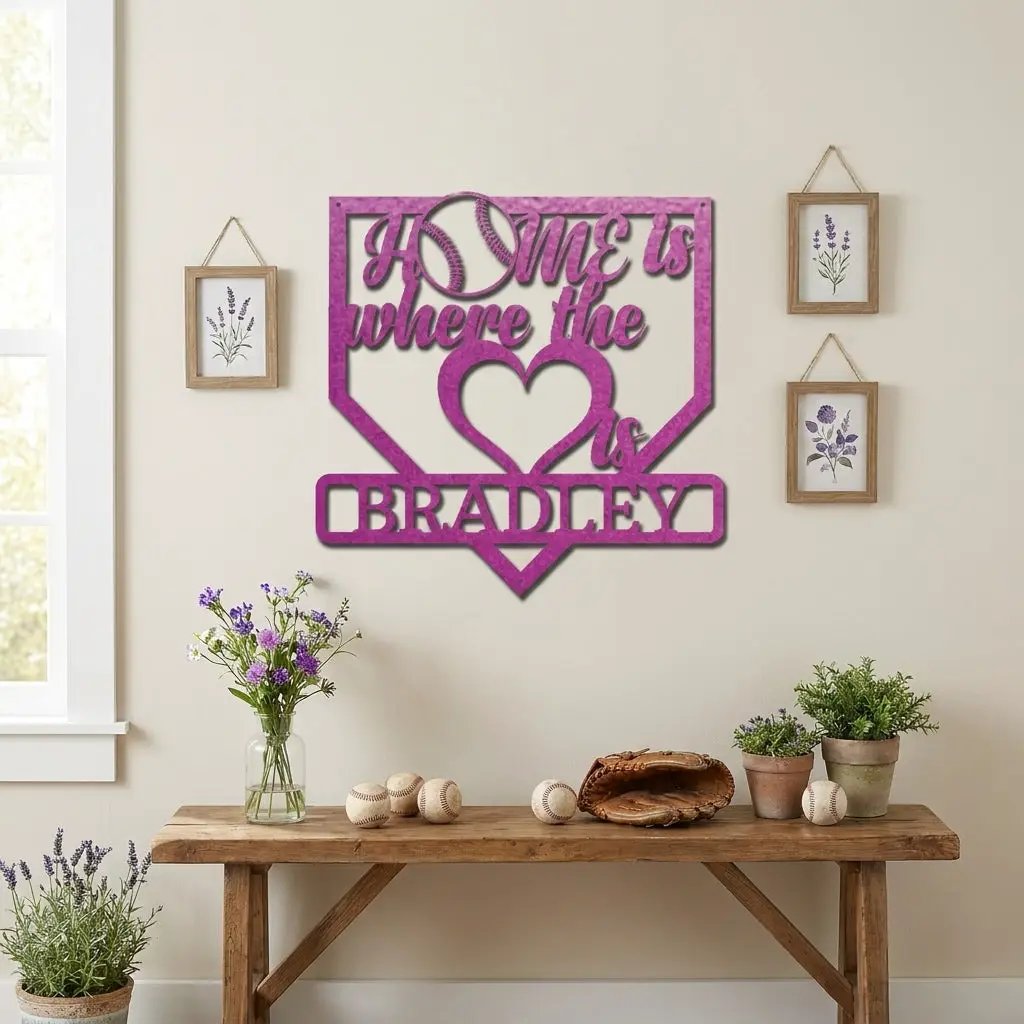 Personalized Baseball Home Plate Metal Wall Art | Custom Family Name Baseball Sign | Baseball Lover Home Decor