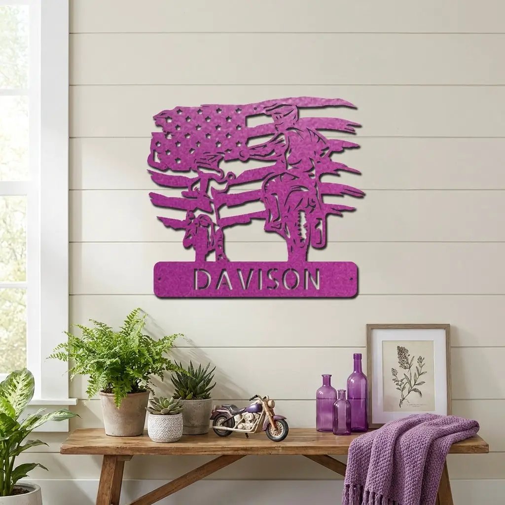 Personalized American Father & Son Motorcycle Metal Wall Art | Patriotic Biker Family Sign | Custom USA Motorcycle Decor