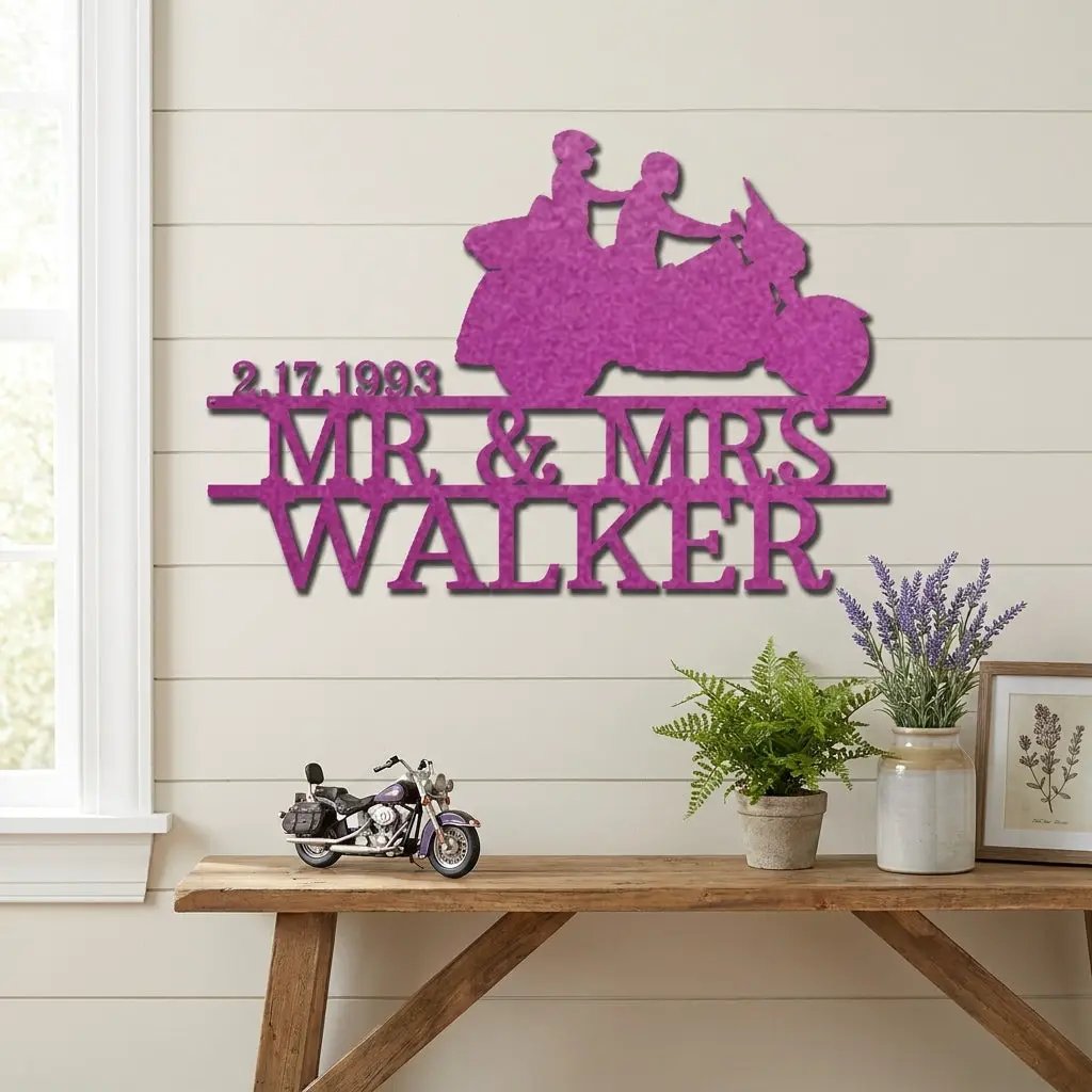 Personalized Motorcycle Couple Metal Sign Mr and Mrs Wedding Gift Custom Biker Wall Art Anniversary Gift Steel Decor
