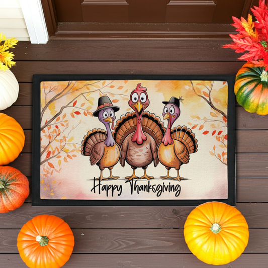 Happy Thanksgiving Turkey Doormat – Funny Fall Welcome Mat with Cartoon Turkeys & Autumn Leaves – Full-Color Entry Rug for Holiday Decor