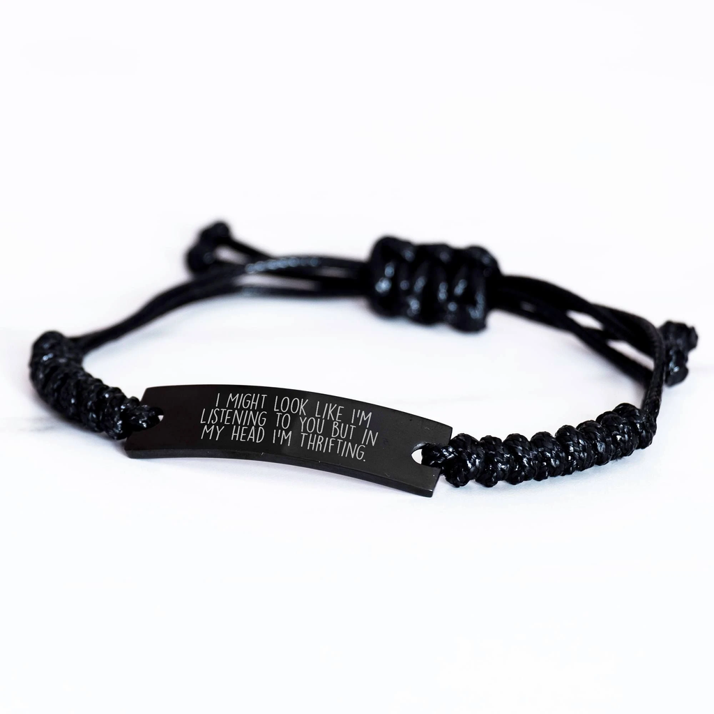 Thrifting Enthusiast's Delight, Funny Quote Rope Bracelet Gifts for Men from Family, Black Stainless Steel with Interlaced Rope, Father's Day Unique Gifts