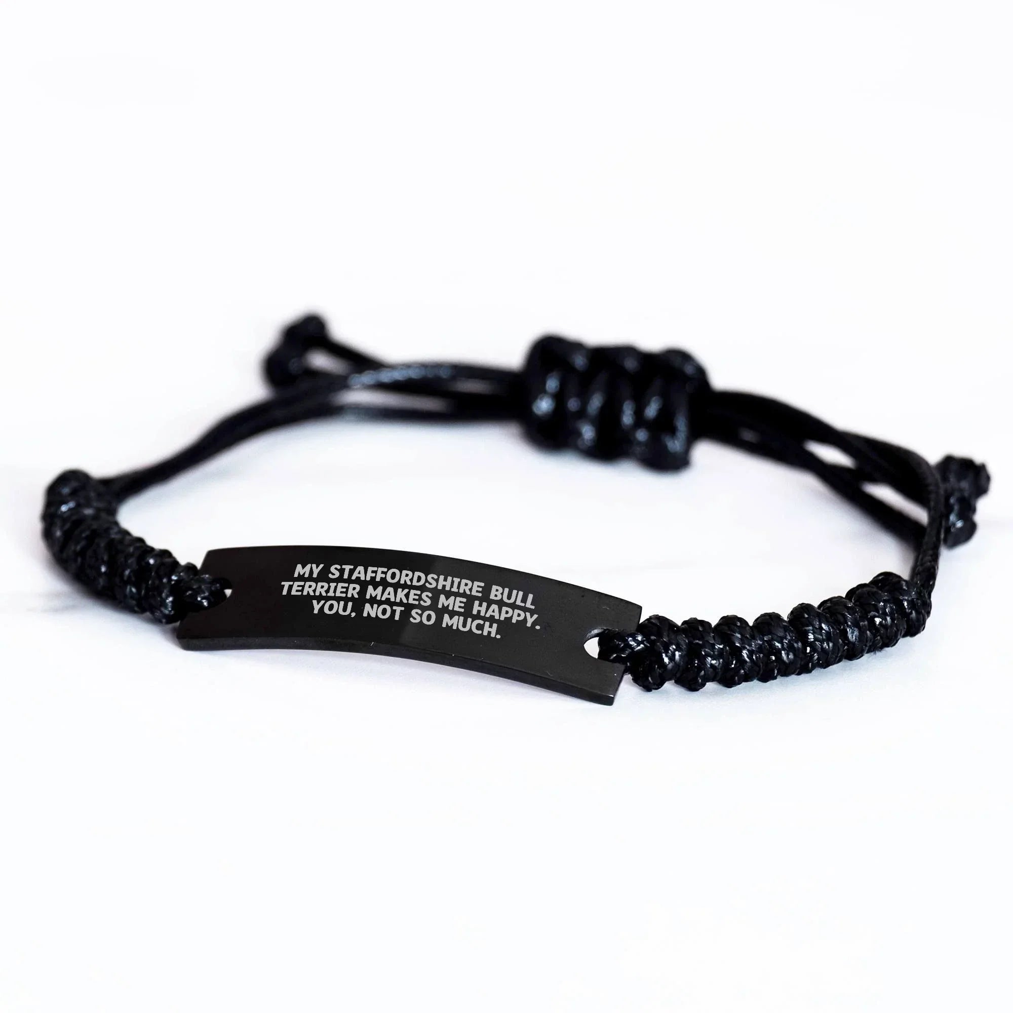 Funny Staffordshire Bull Terrier Dog Gifts for Men - Adjustable Rope Bracelet from, Black Stainless Steel with Interlaced Rope, Father's Day Unique Gifts from Family
