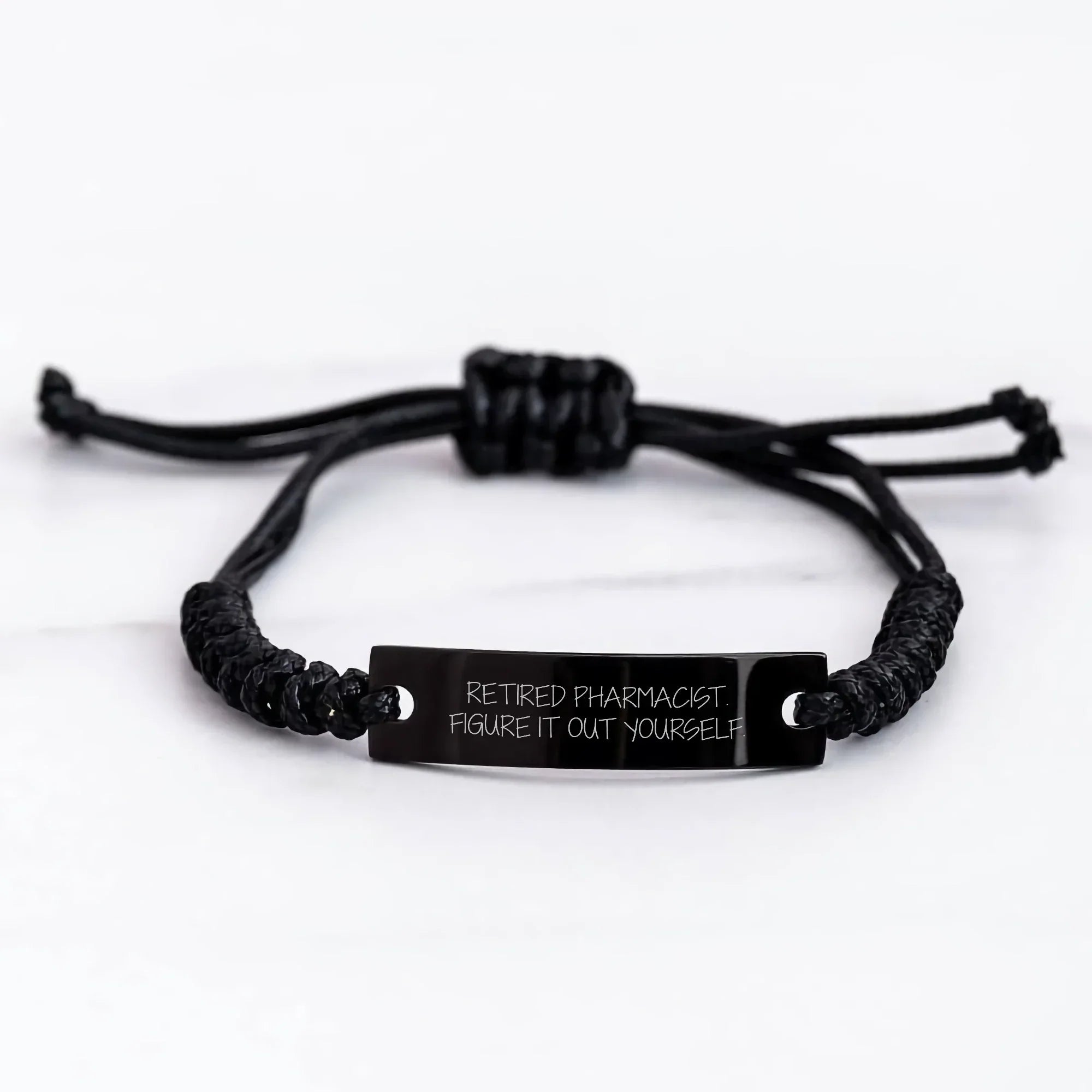 Pharmacist Gifts from Friends - Fun Rope Bracelet for Graduation - Retired Pharmacist Quote 'Figure It Out Yourself' - Adjustable Black Stainless Steel with Interlaced Rope