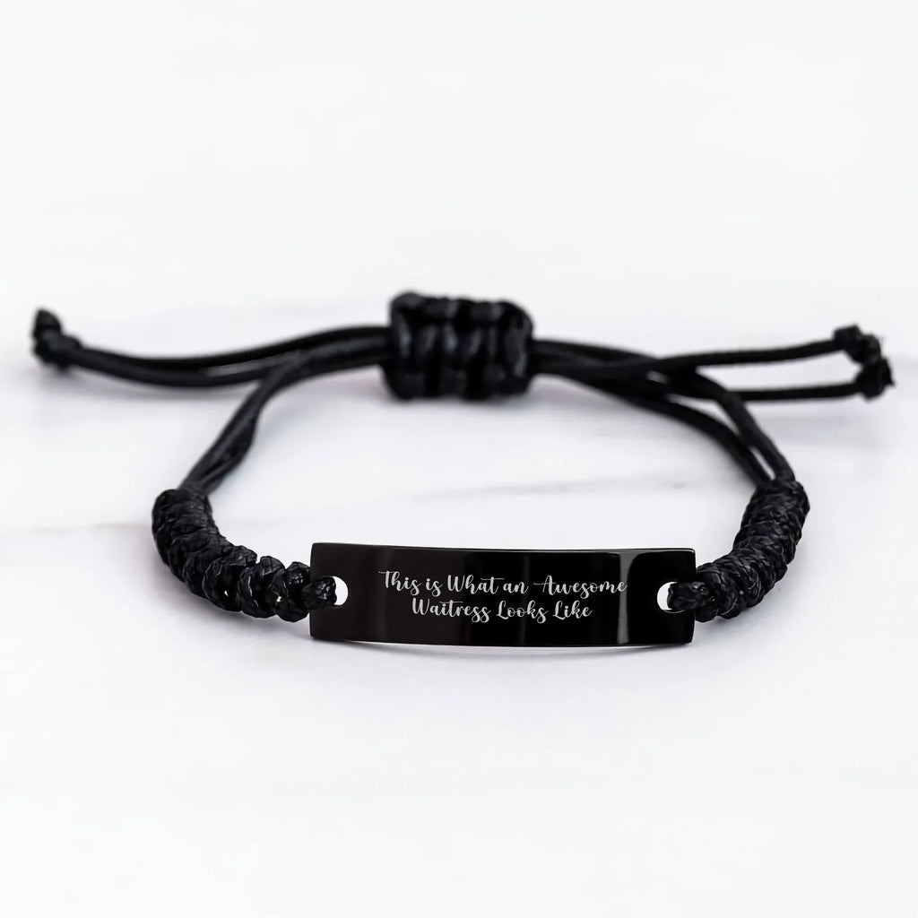 Funny Waitress Gifts, This Is What An Awesome Waitress Looks Like Rope Bracelet, Adjustable Black Stainless Steel Interlaced Rope for Men, Women, Coworkers, Dad, Gift for Waitress on Father's Day