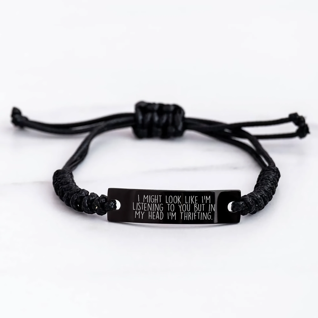 Thrifting Enthusiast's Delight, Funny Quote Rope Bracelet Gifts for Men from Family, Black Stainless Steel with Interlaced Rope, Father's Day Unique Gifts