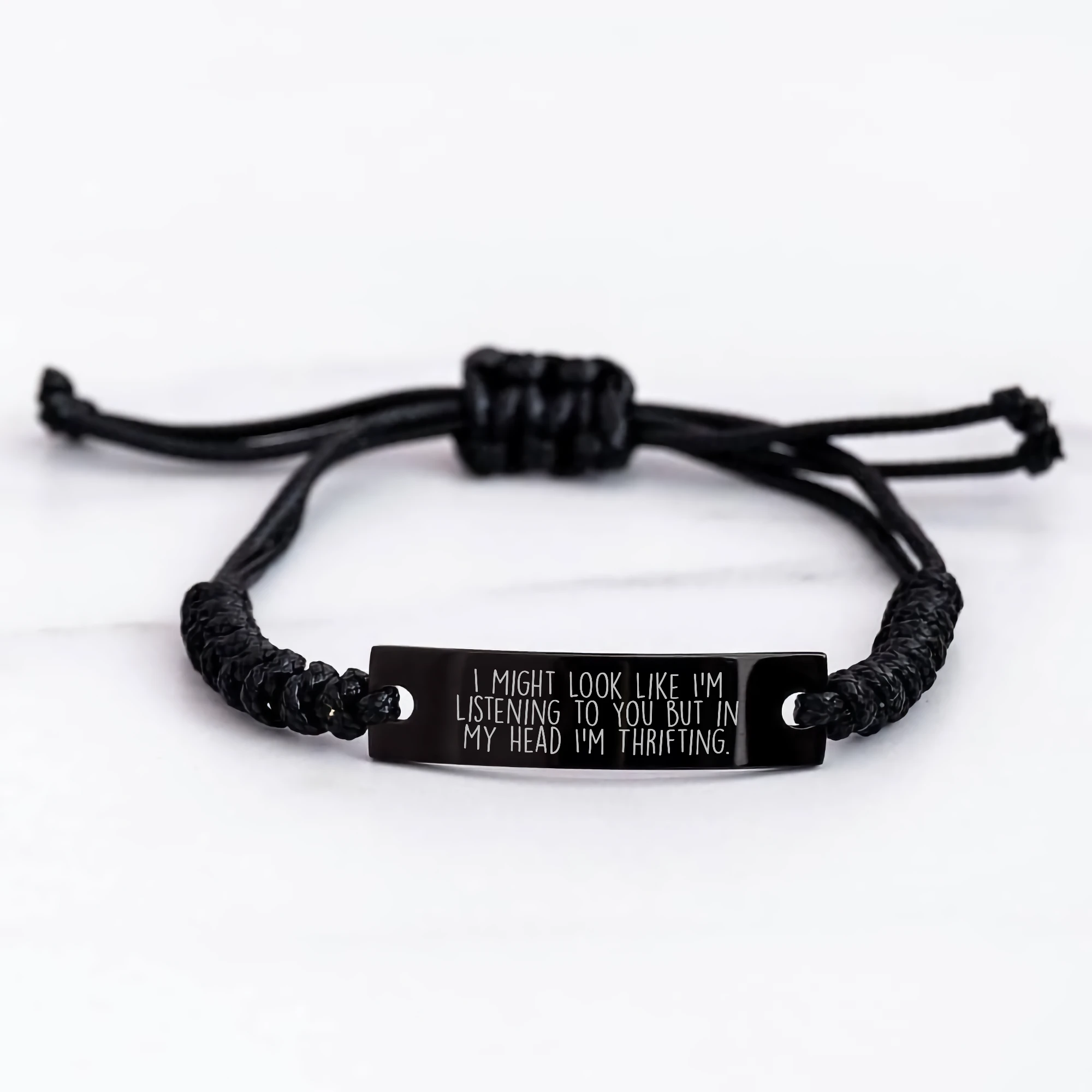 Thrifting Enthusiast's Delight, Funny Quote Rope Bracelet Gifts for Men from Family, Black Stainless Steel with Interlaced Rope, Father's Day Unique Gifts