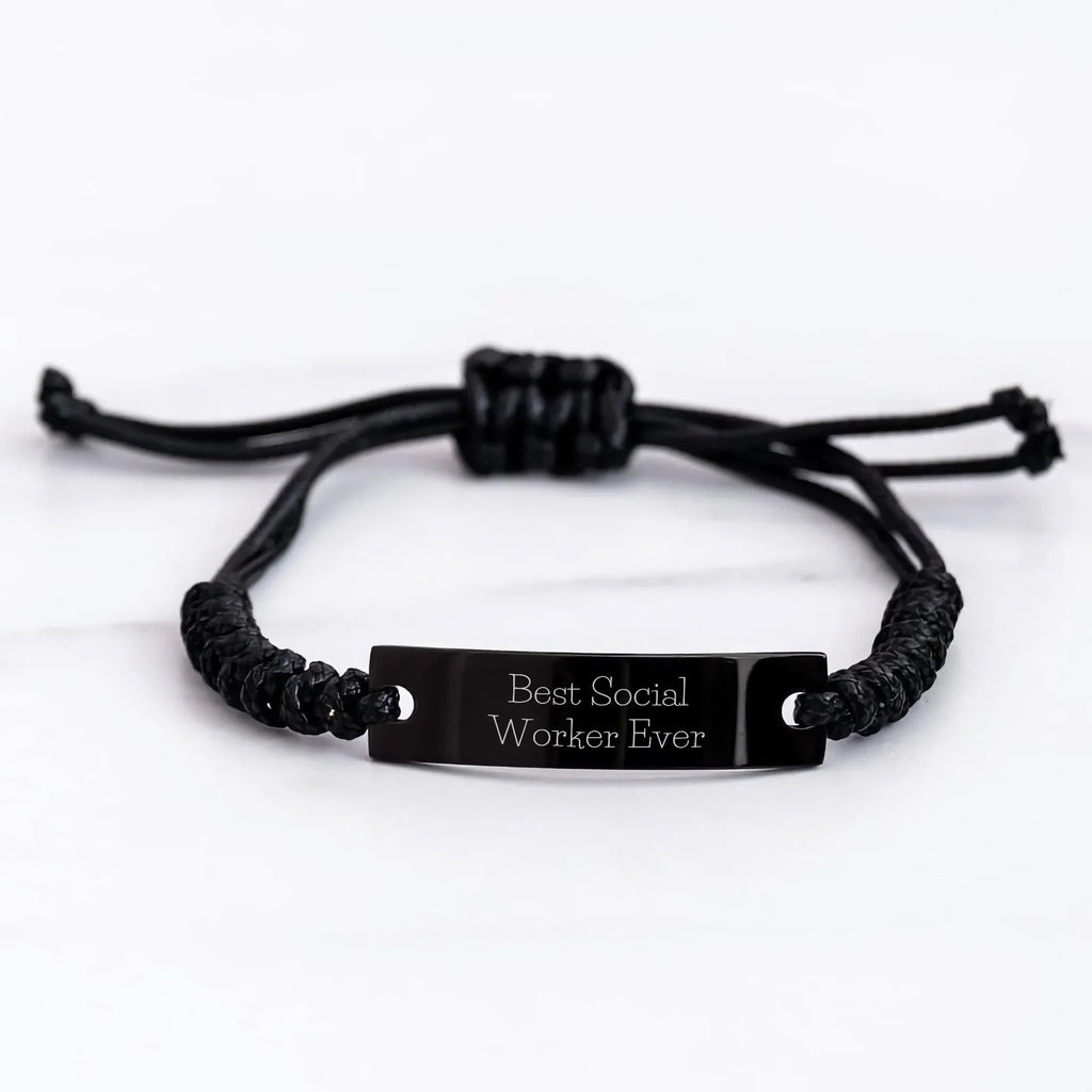 Funny Social Worker Gifts from Friends and Family, Best Social Worker Ever Quote Rope Bracelet for Graduation, Adjustable Black Stainless Steel with Interlaced Rope, Gifts for Social Worker