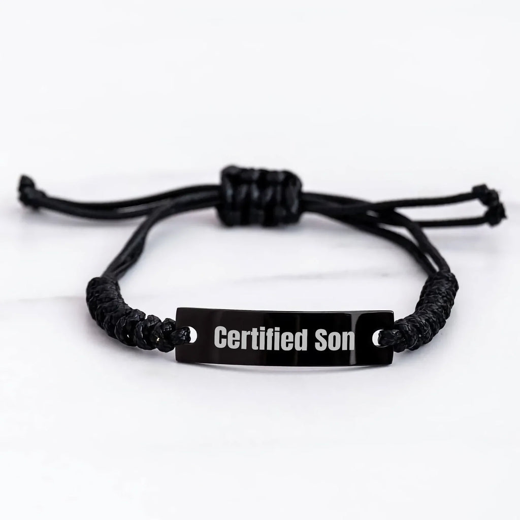Funny Son Rope Bracelet Gifts from Family for Father's Day, 'Certified Son' Quote, Adjustable Black Rope, Stainless Steel, Organza Bag