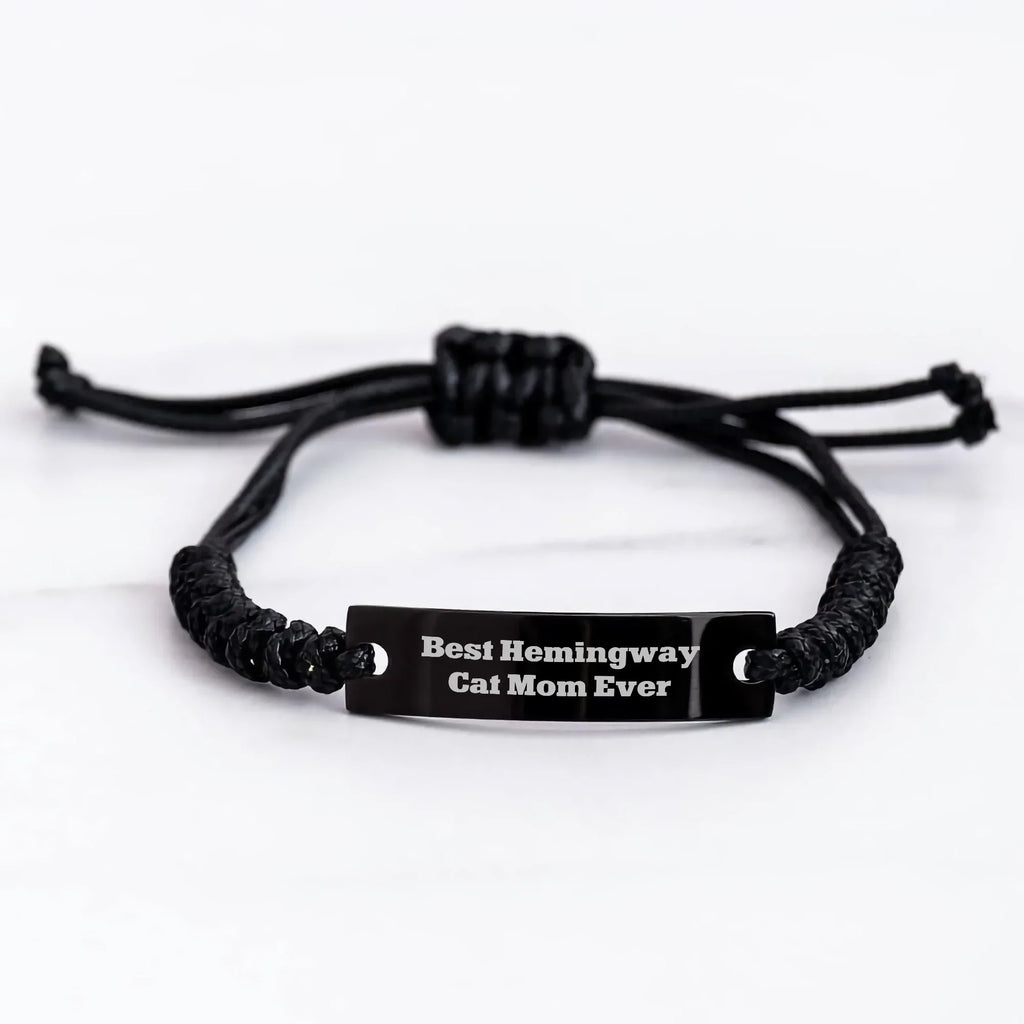 Funny Hemingway Cat Mom Gifts, Black Rope Bracelet for Men, 'Best Hemingway Cat Mom Ever' Quote, Father's Day Unique Gifts from Friends