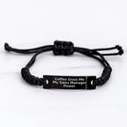 Funny Sales Manager Rope Gifts for Men, 'Coffee Gives Me My Sales Manager Power' Engraved Black Adjustable Rope Bracelet, Gifts from Friends for Graduation
