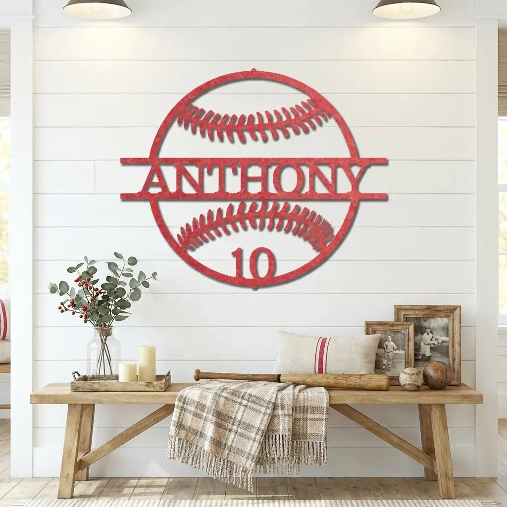 Personalized Baseball Metal Wall Art | Custom Name and Number Baseball Sign | Player Room Decor