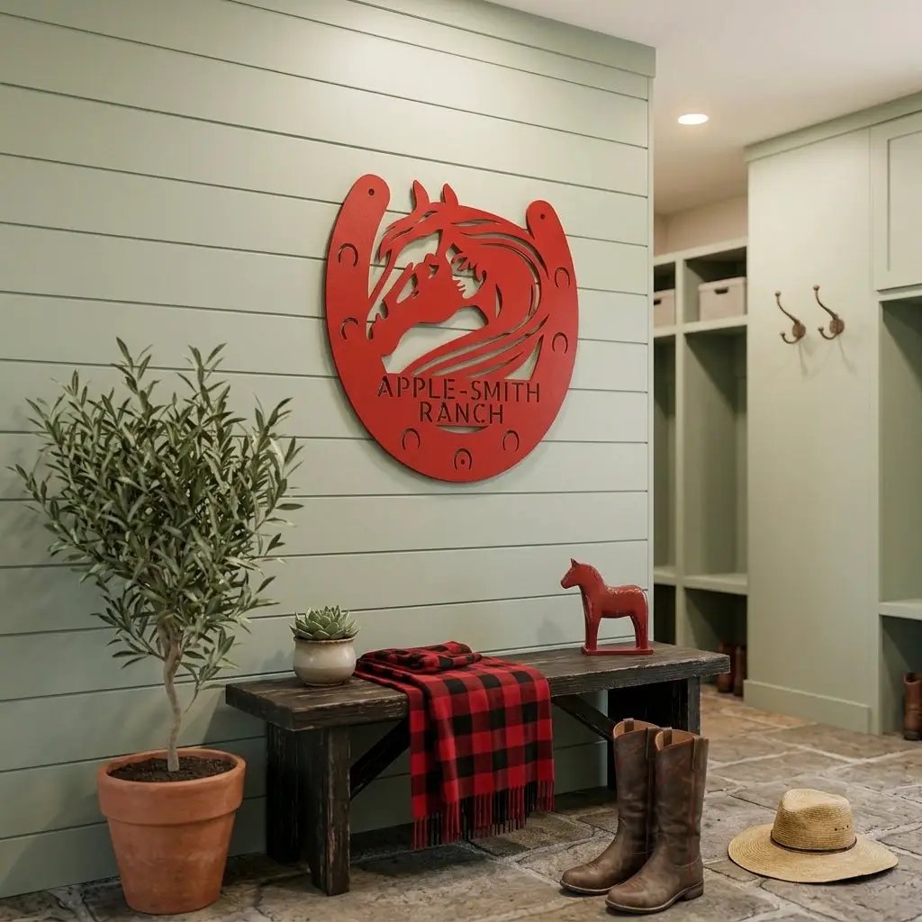 Personalized Horse & Horseshoe Metal Wall Art | Custom Ranch Name Sign | Equestrian Wall Decor | Western Farmhouse Metal Sign | Made in USA