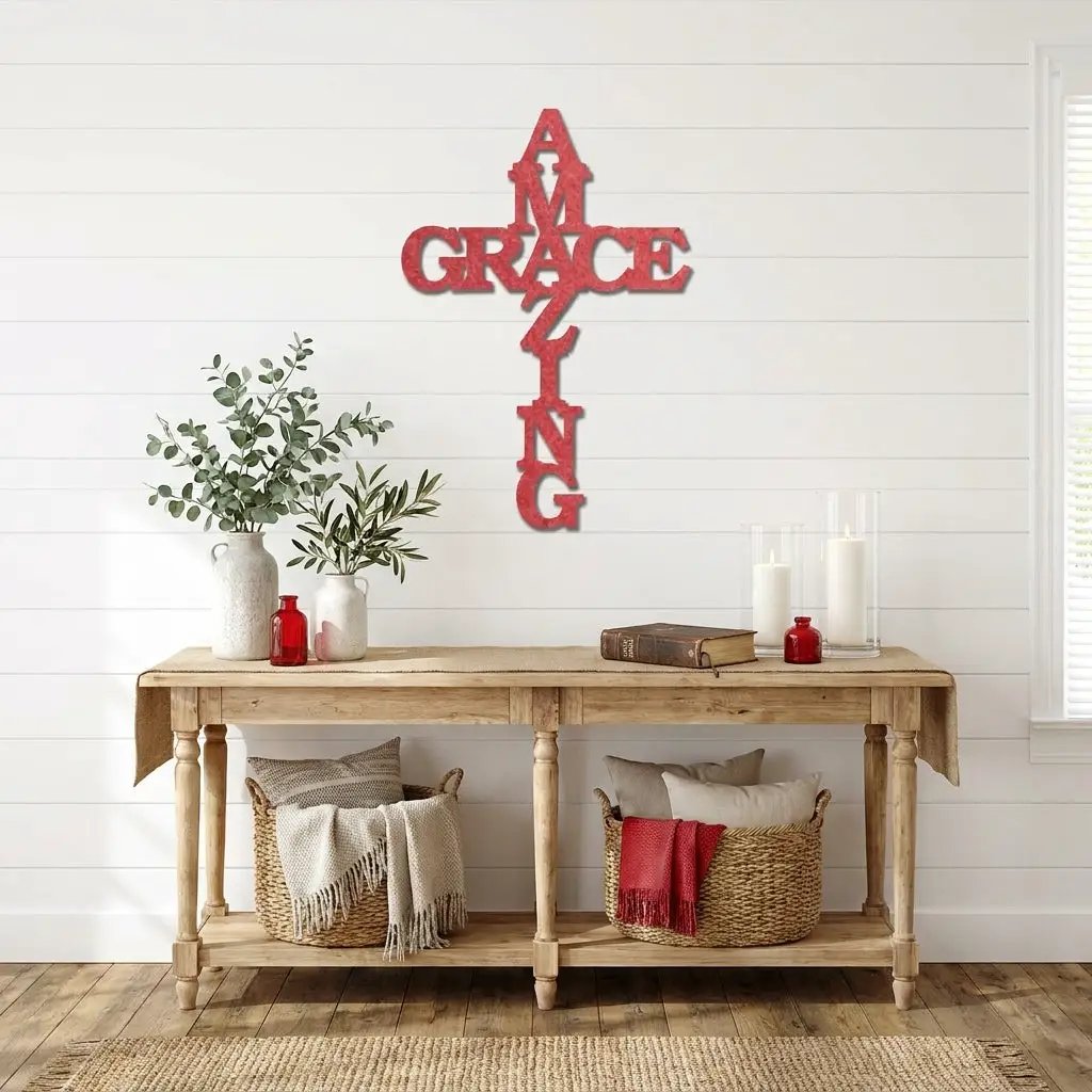 Amazing Grace Cross Steel Wall Art – Christian Metal Cross Sign – Inspirational Faith Decor – Laser Cut Religious Wall Art