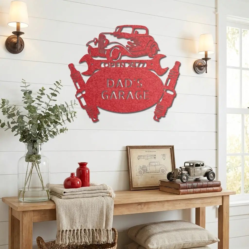 Personalized Hot Rod Metal Sign – Custom Car Garage Sign – Classic Car Wall Art – Mechanic Decor – Custom Name Garage Sign