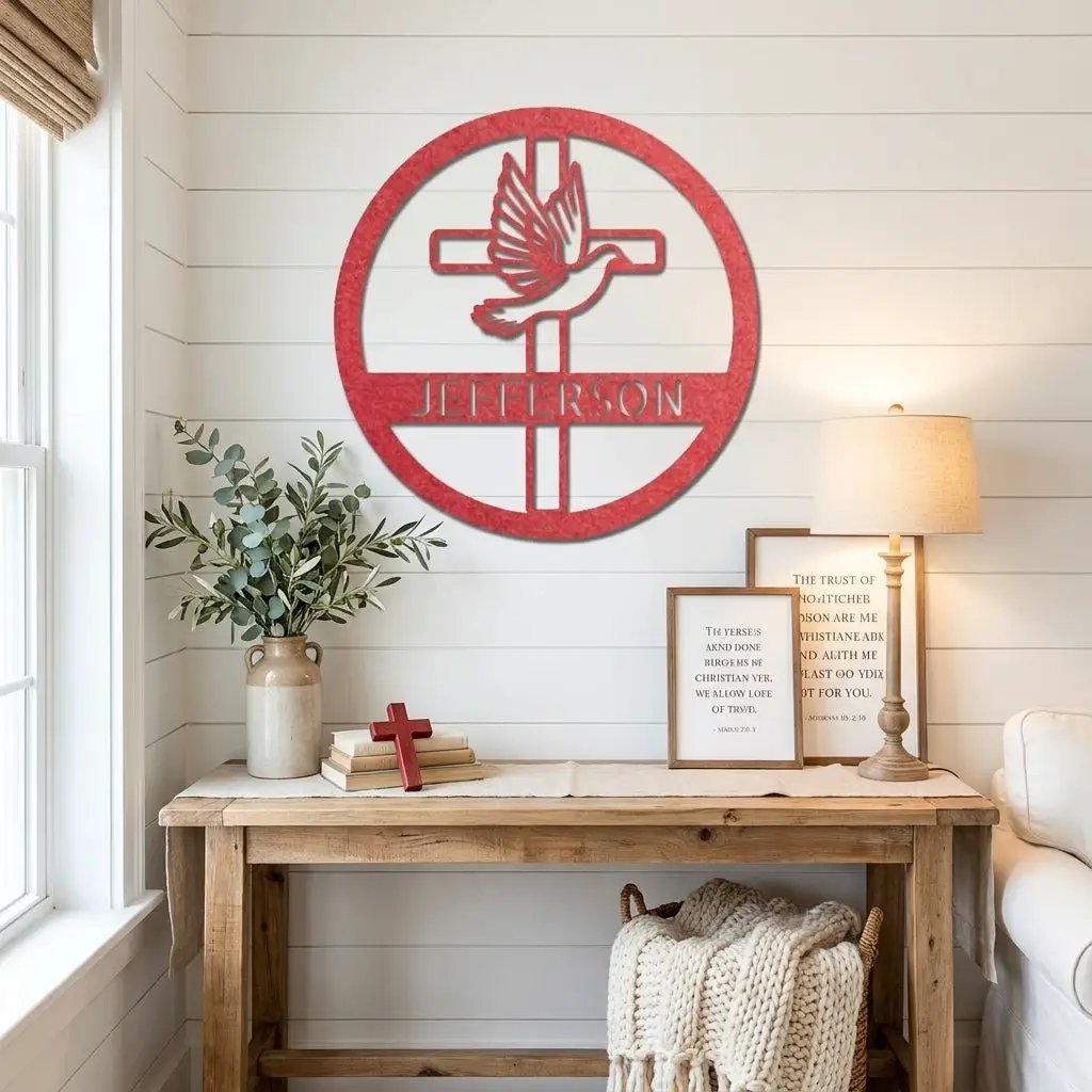 Personalized Cross & Dove Metal Wall Art – Custom Family Name Christian Steel Sign – Faith Based Farmhouse Wall Decor