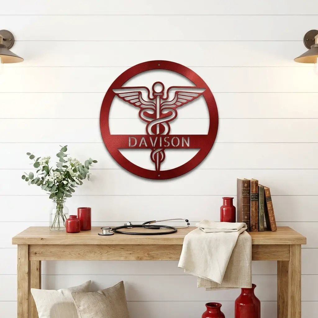 Personalized Medical Symbol Metal Wall Art – Custom Caduceus Steel Sign – Doctor Nurse Healthcare Professional Gift Decor