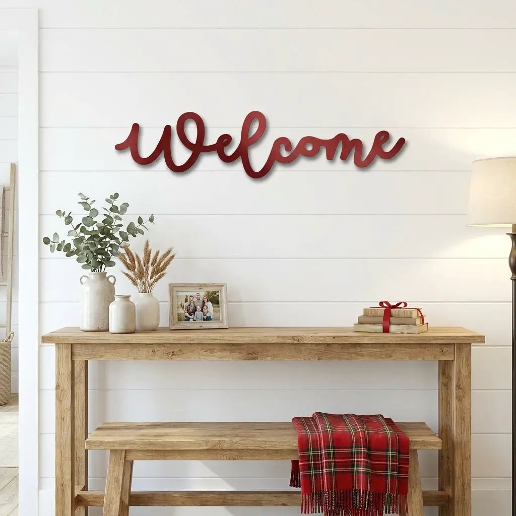 Welcome Script Metal Wall Art – Modern Farmhouse Welcome Sign – Minimalist Entryway Steel Decor for Porch, Foyer & Living Room