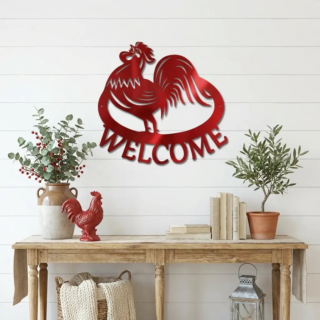 Welcome Rooster Metal Wall Art – Farmhouse Chicken Decor – Rustic Kitchen Wall Sign – Country Home Decor – Farmhouse Porch Sign