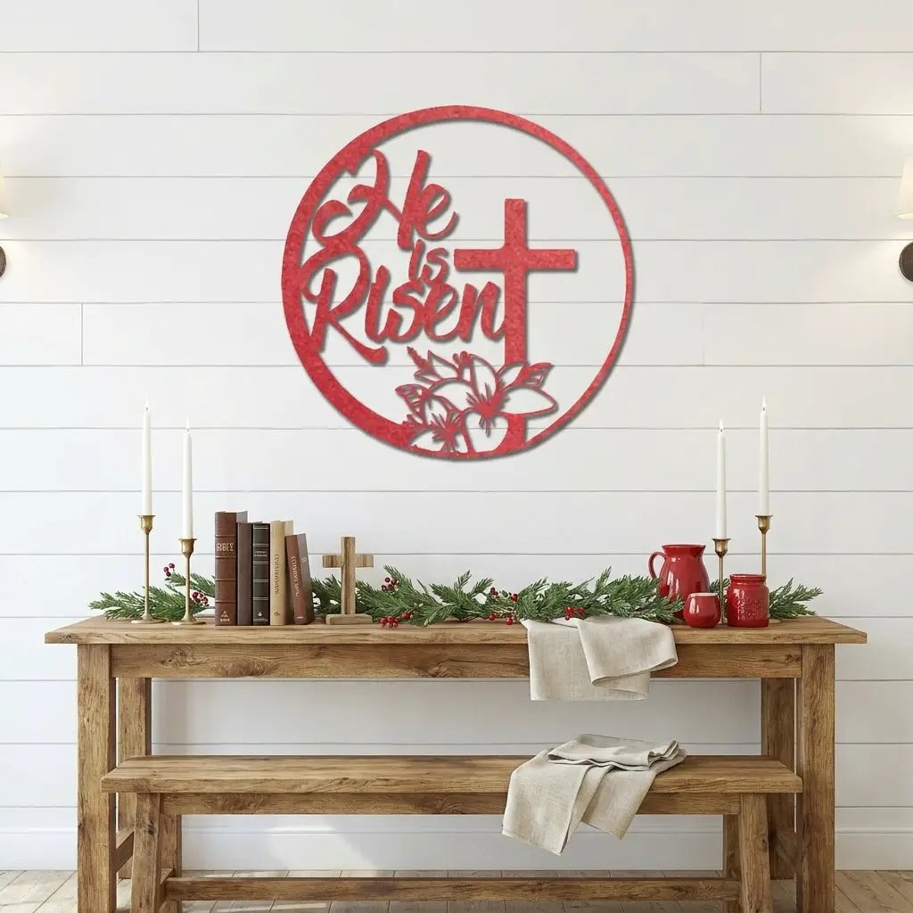 Easter Cross Metal Wall Sign – Christian Home Decor – He Is Risen