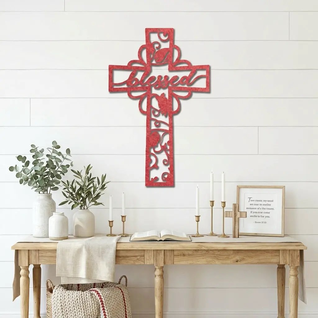 Blessed Cross Metal Wall Art | Christian Floral Cross Decor | Inspirational Faith Wall Hanging