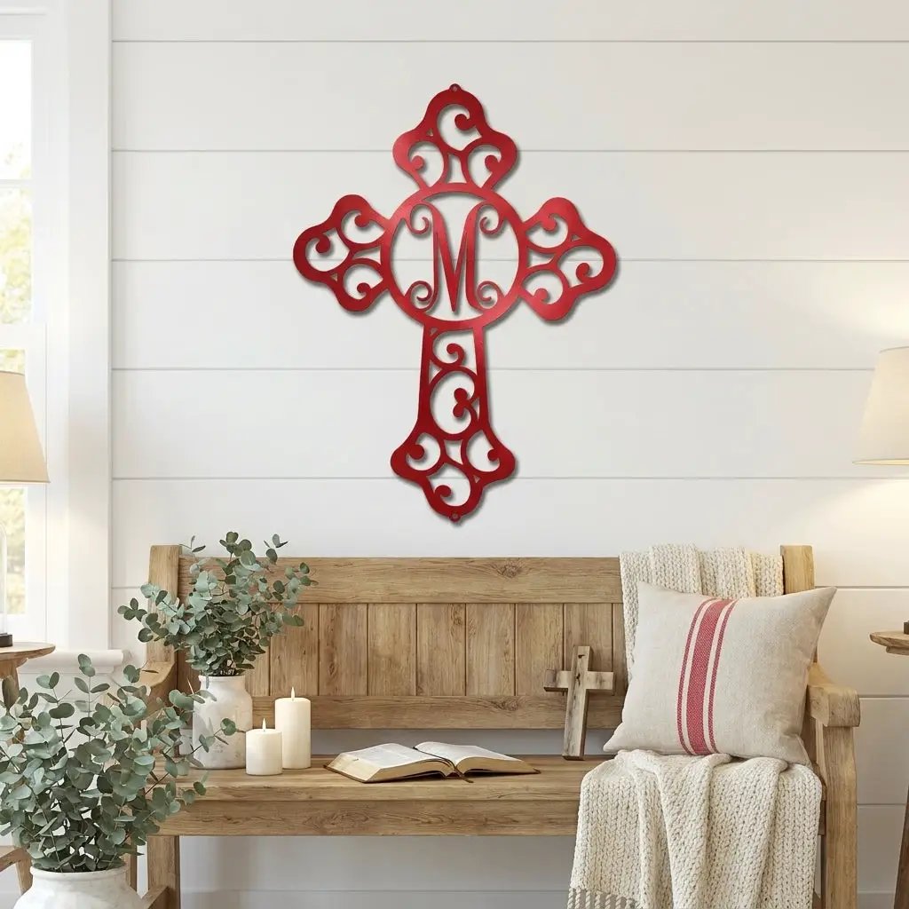 Personalized Initial Cross Metal Wall Art | Custom Monogram Christian Cross Decor | Ornate Faith Wall Hanging