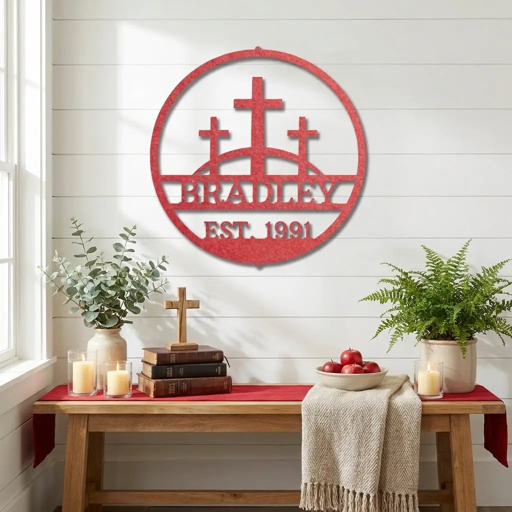 Personalized Three Crosses Metal Wall Art | Christian Family Name Sign | Faith Based Farmhouse Decor