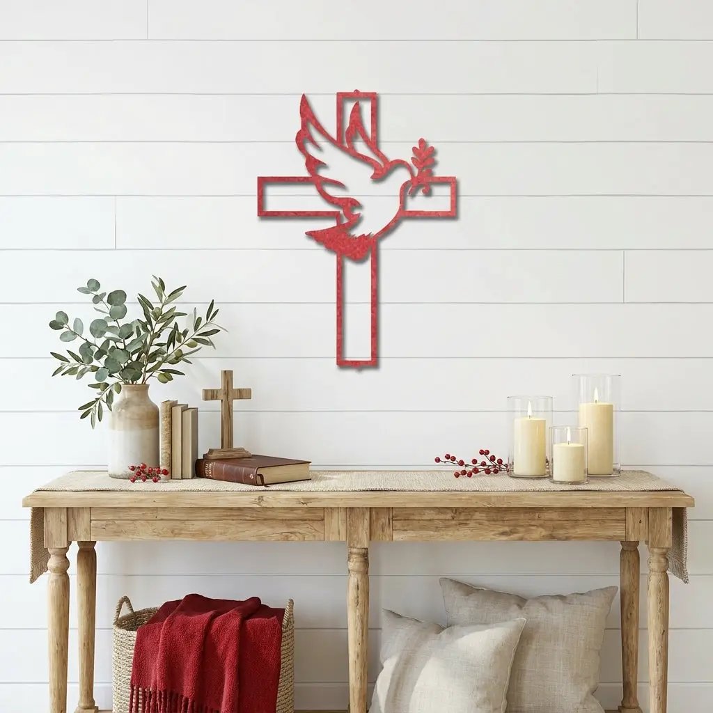 Dove Cross Metal Wall Art | Christian Holy Spirit Decor | Inspirational Religious Wall Hanging