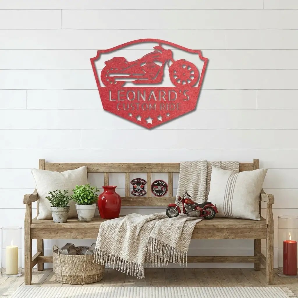 Chopper Motorcycle Shop Custom Name Monogram Indoor Outdoor Steel Wall Sign